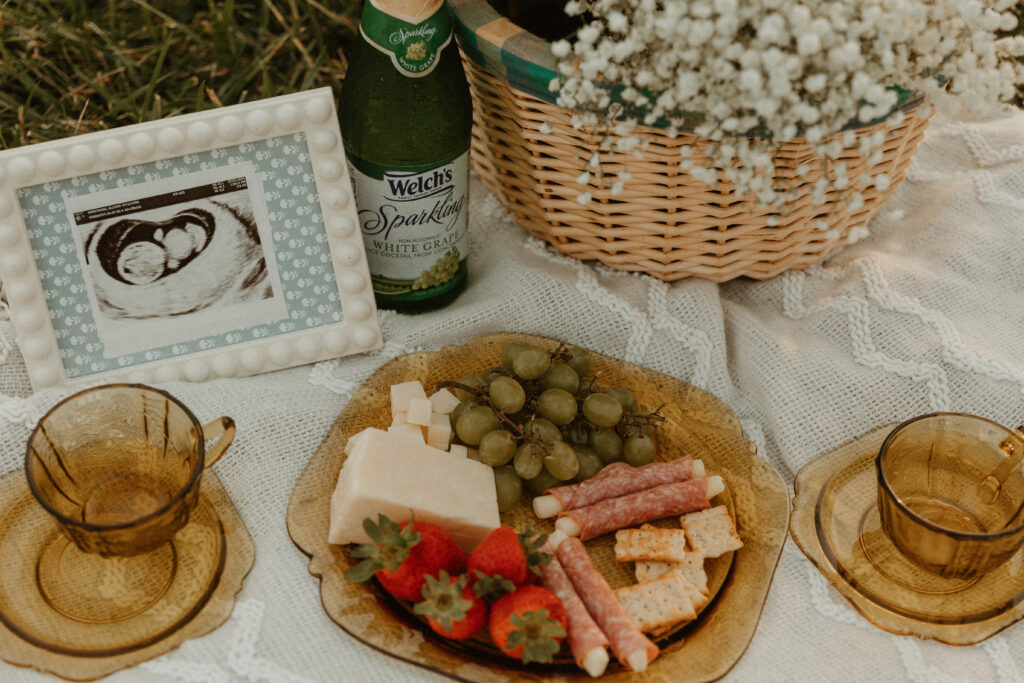 photo of charcuterie board, flowers, juice and ultrasound